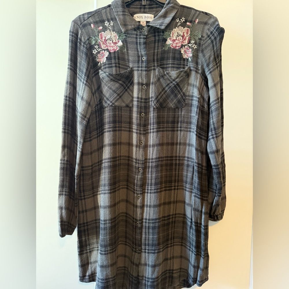 Knox Rose Plaid Embroidered Tunic Dress Top Gray Pink Floral Size M